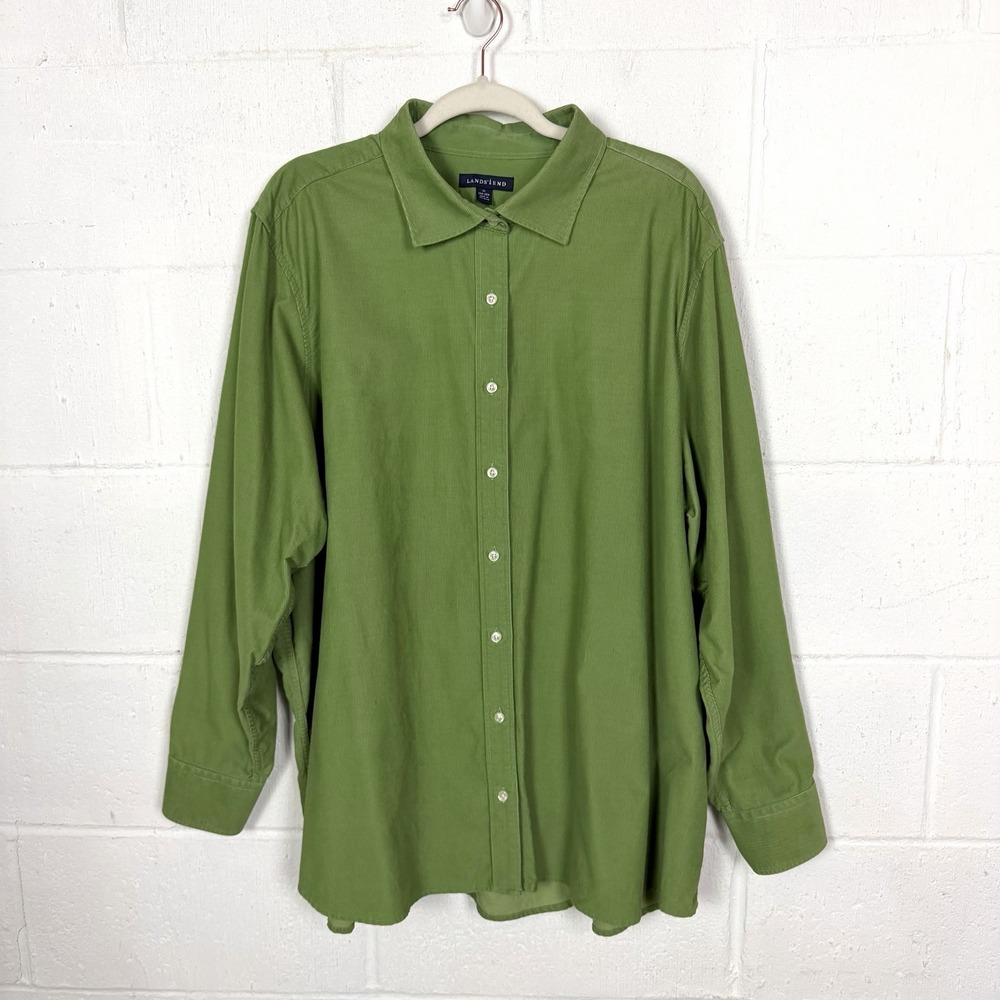Lands End Button Up Shirt Plus SZ 3X Green Corduroy Office Modest Mature Preppy